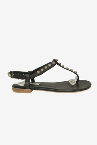 Balenciaga Leather Studded Accents T-Strap Sandals sz 37.5 - Designer shoes at The Find Luxury Resale - Vancouver, Canada