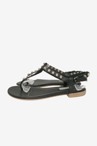 Balenciaga Leather Studded Accents T-Strap Sandals sz 37.5 - Designer shoes at The Find Luxury Resale - Vancouver, Canada