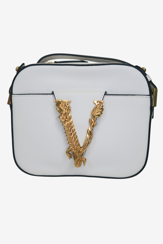 Versace Vitello Virtus Camera Bag White - Designer Handbags at The Find Luxury Resale - Vancouver, Canada