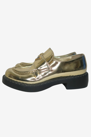 Prada Metallic Leather Loafers sz 39.5 - Designer Loafer at The Find Luxury Resale - Vancouver, Canada