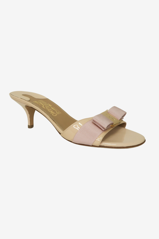 Salvatore Ferragamo Vara Bow Accent Patent Leather Slides sz 7.5 - Designer shoes at The Find Luxury Resale - Vancouver, Canada