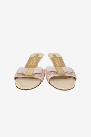 Salvatore Ferragamo Vara Bow Accent Patent Leather Slides sz 7.5 - Designer shoes at The Find Luxury Resale - Vancouver, Canada