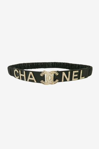 Chanel Black Logo Crystal Waist Belt - Designer belt at The Find Luxury Resale - Vancouver, Canada