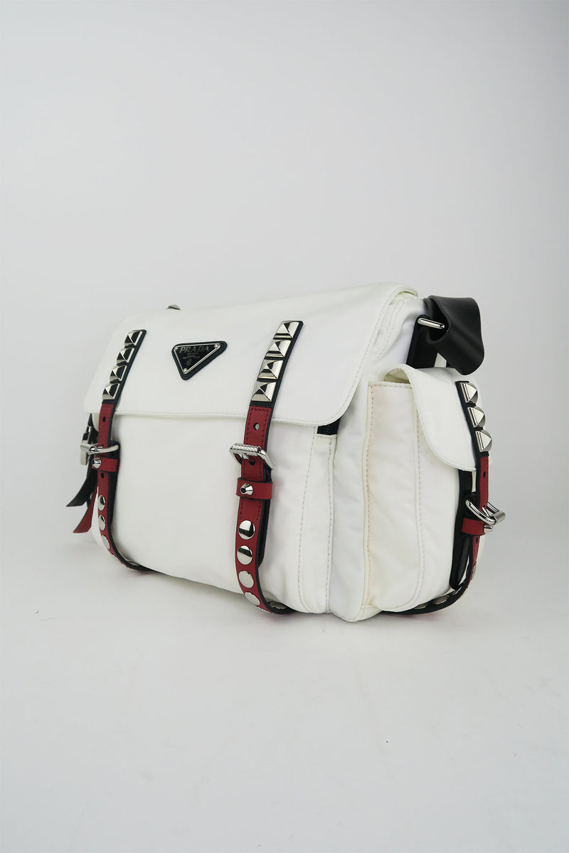 Prada New Vela Flap Messenger Bag Tessuto with Studded Leather Medium at  1stDibs