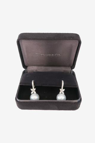 Tiffany & Co. Platinum Diamond & Pearl Victoria Drop Earrings - Designer Earrings at The Find Luxury Resale - Vancouver, Canada