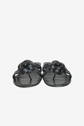 Chanel Camellia Accent Leather Slides sz 38.5 C - Designer sandals at The Find Luxury Resale - Vancouver, Canada