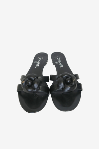 Chanel Camellia Accent Leather Slides sz 38.5 C - Designer sandals at The Find Luxury Resale - Vancouver, Canada