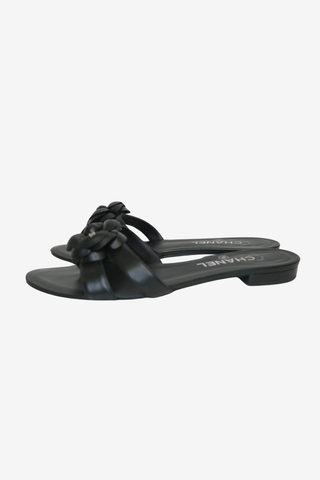 Chanel Camellia Accent Leather Slides sz 38.5 C - Designer sandals at The Find Luxury Resale - Vancouver, Canada