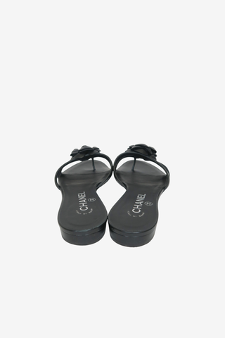 Chanel Camellia Accent Leather Slides sz 38.5 C - Designer sandals at The Find Luxury Resale - Vancouver, Canada