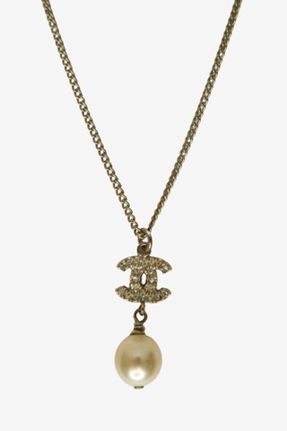 Chanel Faux Pearl & Strass CC Drop Pendant Necklace - Designer Necklaces at The Find Luxury Resale - Vancouver, Canada