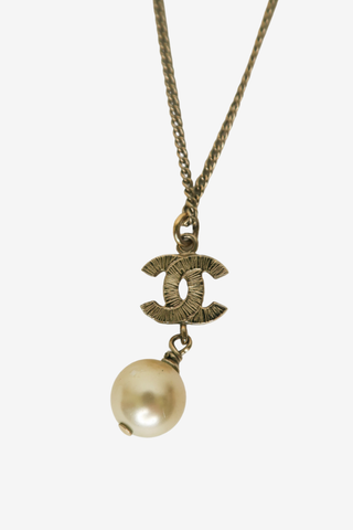 Chanel Faux Pearl & Strass CC Drop Pendant Necklace - Designer Necklaces at The Find Luxury Resale - Vancouver, Canada