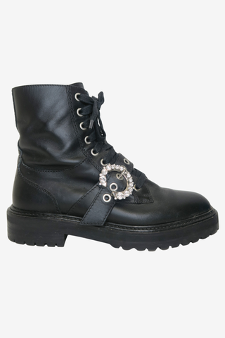 Jimmy Choo Leather Crystal Embellishments Combat Boots sz 39 - Designer shoes at The Find Luxury Resale - Vancouver, Canada