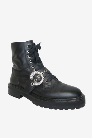 Jimmy Choo Leather Crystal Embellishments Combat Boots sz 39 - Designer shoes at The Find Luxury Resale - Vancouver, Canada