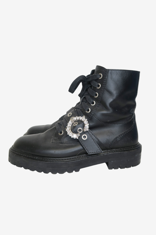 Jimmy Choo Leather Crystal Embellishments Combat Boots sz 39 - Designer shoes at The Find Luxury Resale - Vancouver, Canada