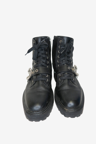 Jimmy Choo Leather Crystal Embellishments Combat Boots sz 39 - Designer shoes at The Find Luxury Resale - Vancouver, Canada