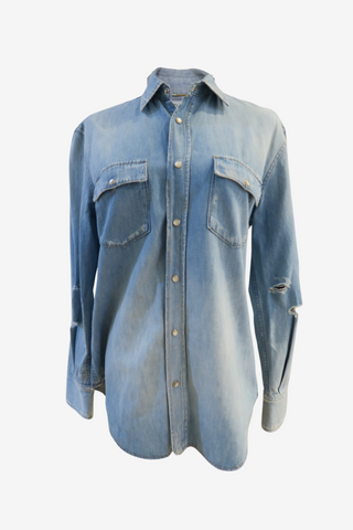 Saint Laurent Distressed Denim Shirt - Designer shirt at The Find Luxury Resale - Vancouver, Canada