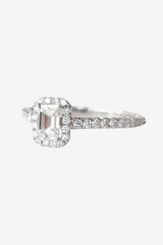 Tiffany & Co. Soleste Emerald Cut 0.43 ct Halo Engagement Ring - Designer Rings at The Find Luxury Resale - Vancouver, Canada