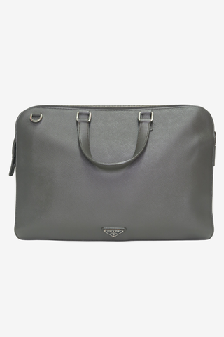 Prada Grey Saffiano Leather Briefcase - Designer handbag at The Find Luxury Resale - Vancouver, Canada