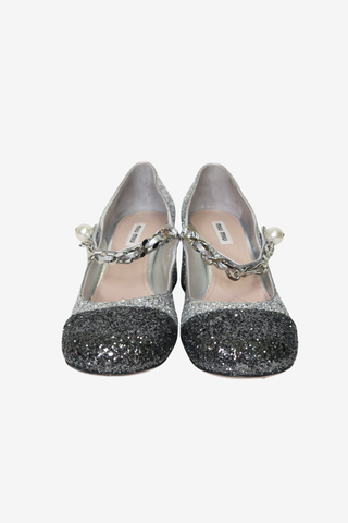 Miu Miu Glitter Chain-Link Accents Pumps sz 37.5 - Designer shoes at The Find Luxury Resale - Vancouver, Canada