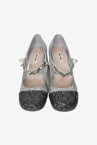 Miu Miu Glitter Chain-Link Accents Pumps sz 37.5 - Designer shoes at The Find Luxury Resale - Vancouver, Canada