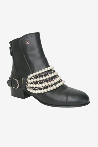 Chanel 2018 Interlocking CC Logo Moto Boots - Designer shoes at The Find Luxury Resale - Vancouver, Canada