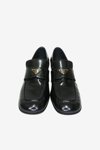 Prada Metal Triangle Leather Loafers sz 38 - Designer Loafer at The Find Luxury Resale - Vancouver, Canada