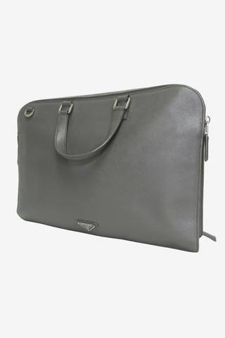 Prada Grey Saffiano Leather Briefcase - Designer handbag at The Find Luxury Resale - Vancouver, Canada