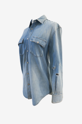 Saint Laurent Distressed Denim Shirt - Designer shirt at The Find Luxury Resale - Vancouver, Canada