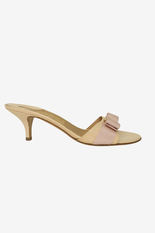 Salvatore Ferragamo Vara Bow Accent Patent Leather Slides sz 7.5 - Designer shoes at The Find Luxury Resale - Vancouver, Canada