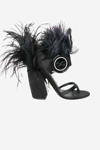 Prada Black Satin and Ostrich Feather Block Heel Sandals sz 37 - Designer shoes at The Find Luxury Resale - Vancouver, Canada