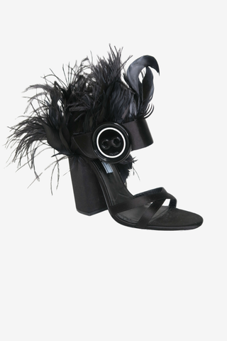 Prada Black Satin and Ostrich Feather Block Heel Sandals sz 37 - Designer shoes at The Find Luxury Resale - Vancouver, Canada