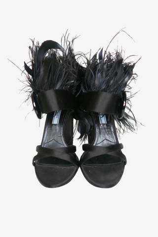 Prada Black Satin and Ostrich Feather Block Heel Sandals sz 37 - Designer shoes at The Find Luxury Resale - Vancouver, Canada