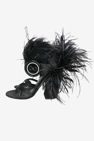 Prada Black Satin and Ostrich Feather Block Heel Sandals sz 37 - Designer shoes at The Find Luxury Resale - Vancouver, Canada