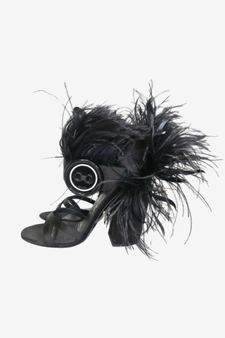 Prada Black Satin and Ostrich Feather Block Heel Sandals sz 37 - Designer shoes at The Find Luxury Resale - Vancouver, Canada