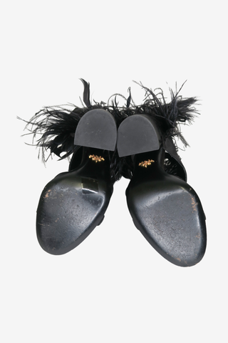 Prada Black Satin and Ostrich Feather Block Heel Sandals sz 37 - Designer shoes at The Find Luxury Resale - Vancouver, Canada