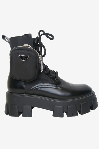 Prada Monolith Leather and Re-Nylon Combat Boots sz 38.5 - Designer shoes at The Find Luxury Resale - Vancouver, Canada