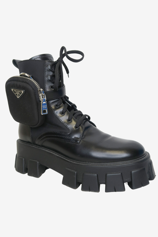 Prada Monolith Leather and Re-Nylon Combat Boots sz 38.5 - Designer shoes at The Find Luxury Resale - Vancouver, Canada