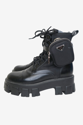 Prada Monolith Leather and Re-Nylon Combat Boots sz 38.5 - Designer shoes at The Find Luxury Resale - Vancouver, Canada