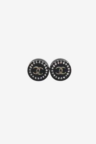 Chanel 2020 Black Resin Crystal Embellished CC Ear Studs - Designer Earrings at The Find Luxury Resale - Vancouver, Canada