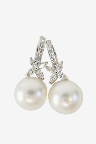 Tiffany & Co. Platinum Diamond & Pearl Victoria Drop Earrings - Designer Earrings at The Find Luxury Resale - Vancouver, Canada