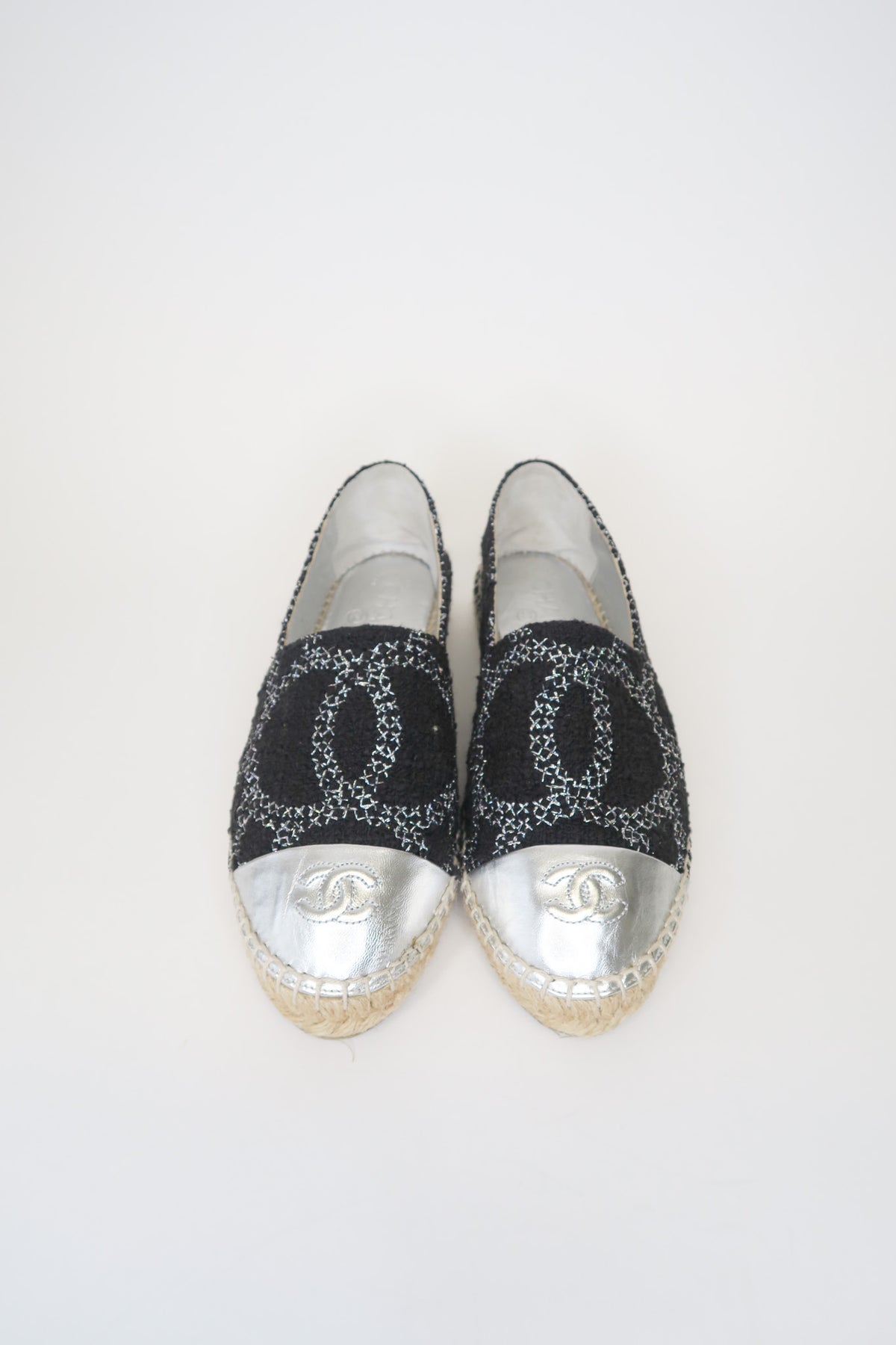 Chanel Interlocking CC Logo Tweed Espadrilles sz 38