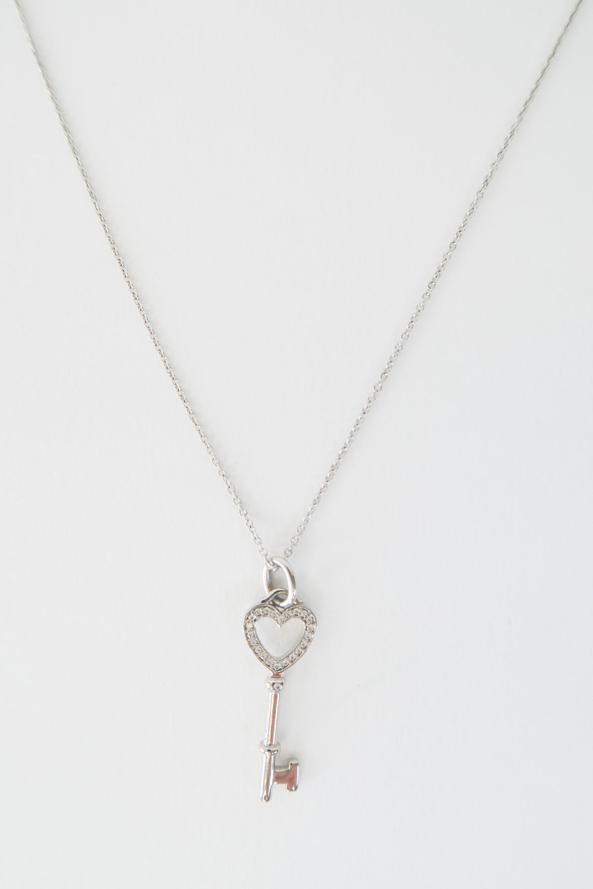 Tiffany & Co. 18K Diamond Heart Key Pendant Necklace