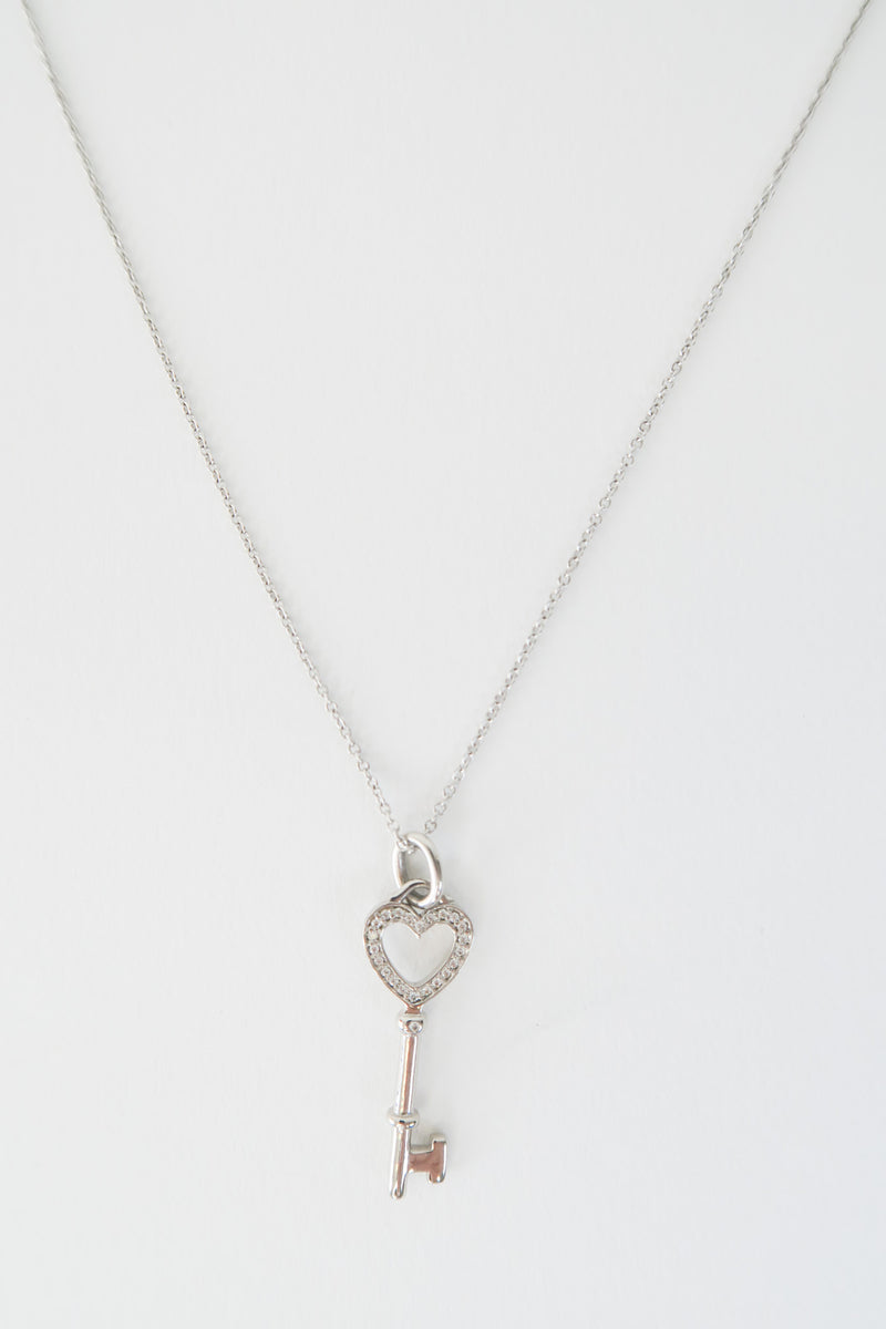 Tiffany & Co. 18K Diamond Heart Key Pendant Necklace