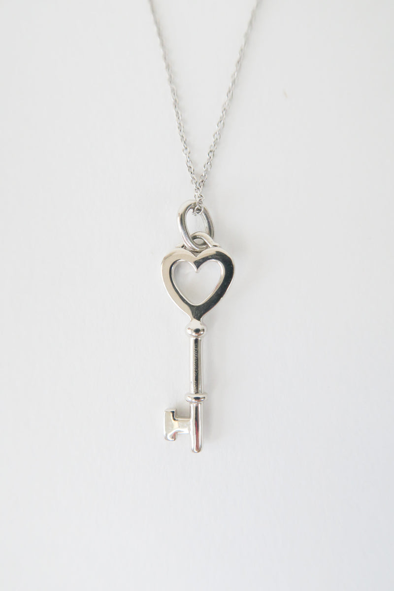 Tiffany & Co. 18K Diamond Heart Key Pendant Necklace