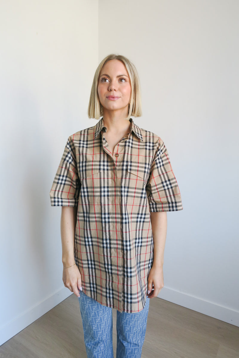 Burberry Plaid Print Short Sleeve Button-Up Top sz 4