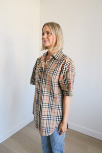 Burberry Plaid Print Short Sleeve Button-Up Top sz 4