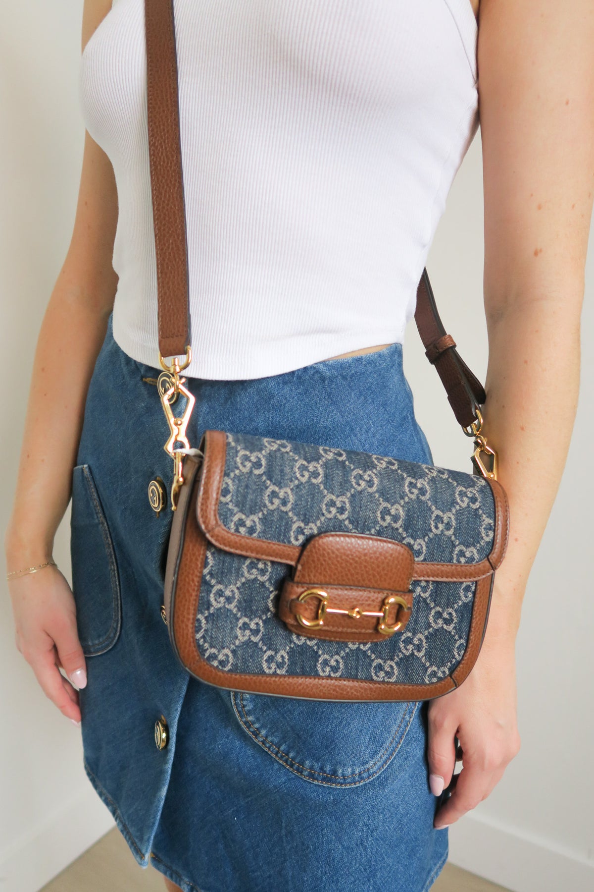 Gucci GG Denim Mini 1955 Horsebit Shoulder Bag