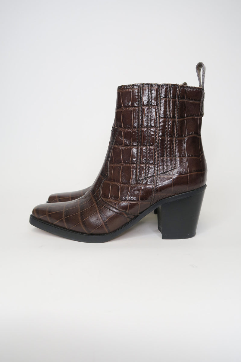 Ganni Croc Embossed Leather Western Boots sz 37