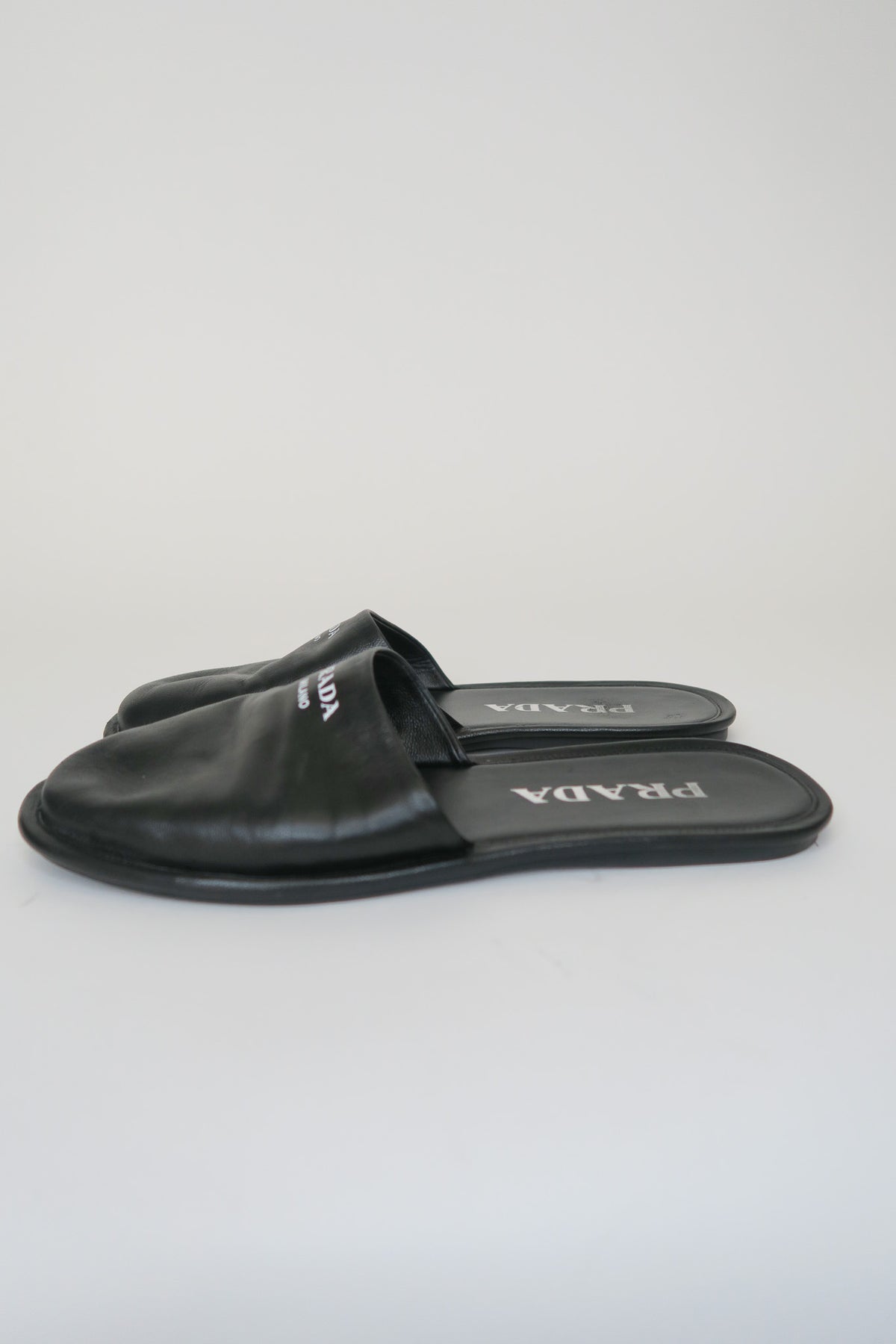 Prada Black Leather Logo Slides sz 35.5