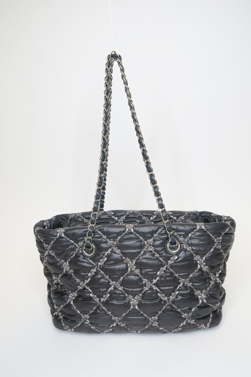 Chanel Tweed on Stitch Zip Tote Quilted Nylon Small